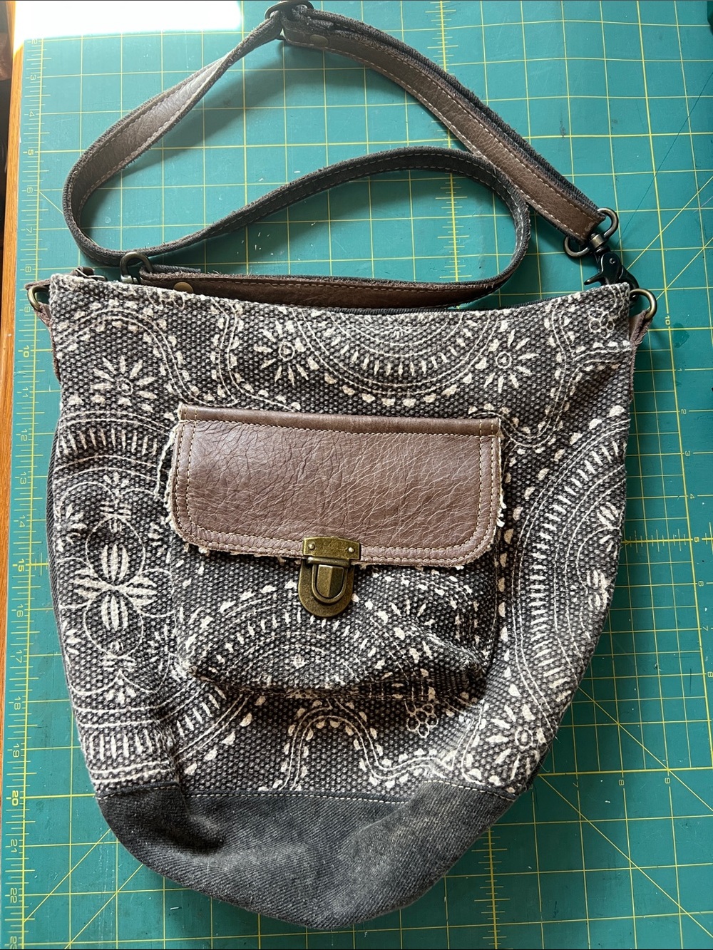 Myra Bag Canvas Printed Crossbody Bag with Brown Leather Trim